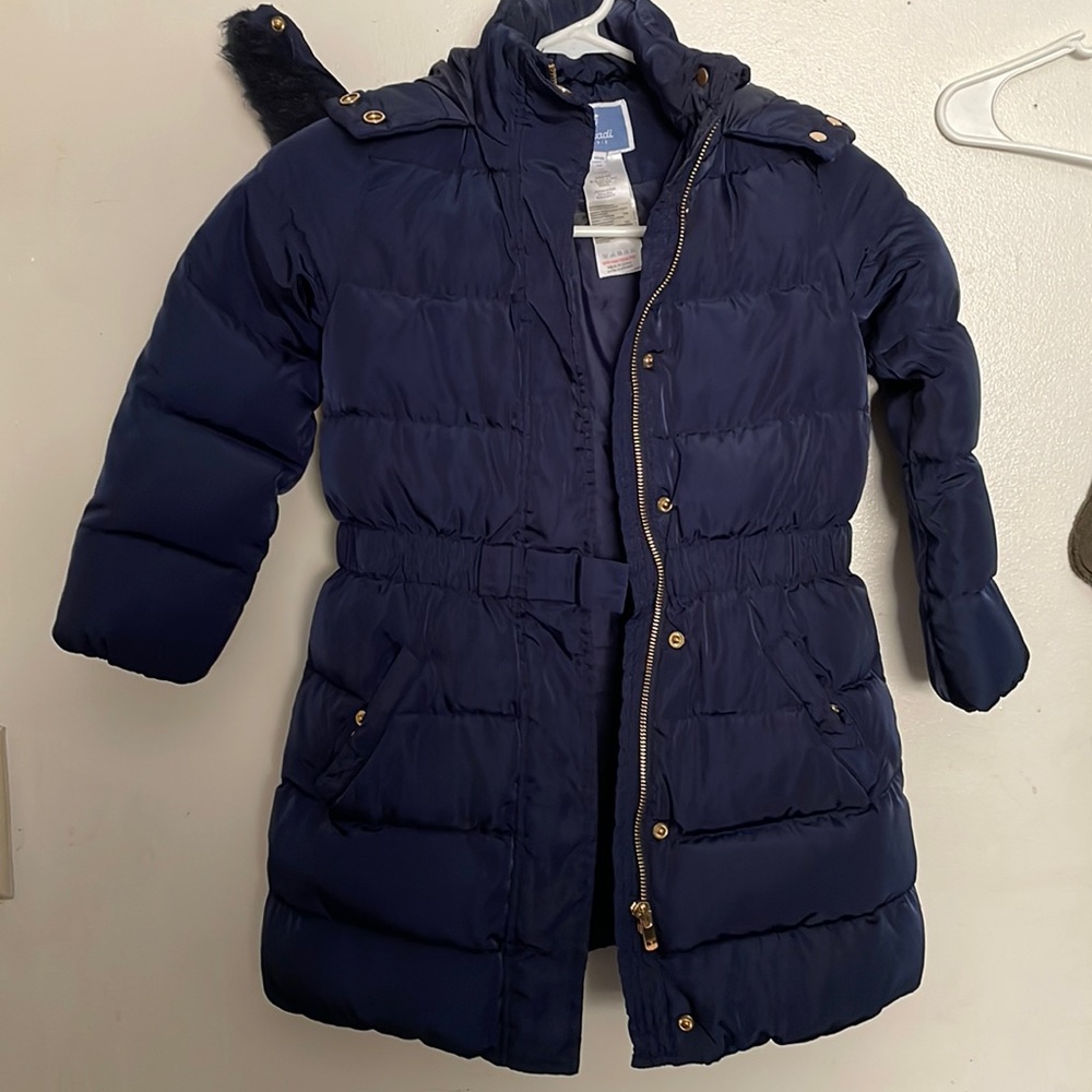 Jacadi girls coat. Down filled. Navy blue size 6A.